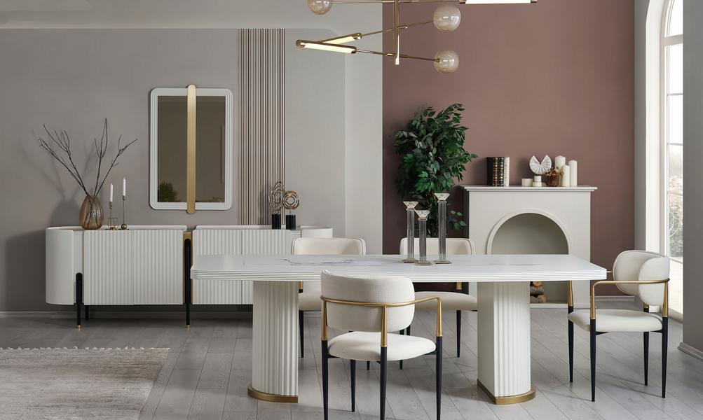 White dining room set designer dining table 4x kitchen chairs sideboard