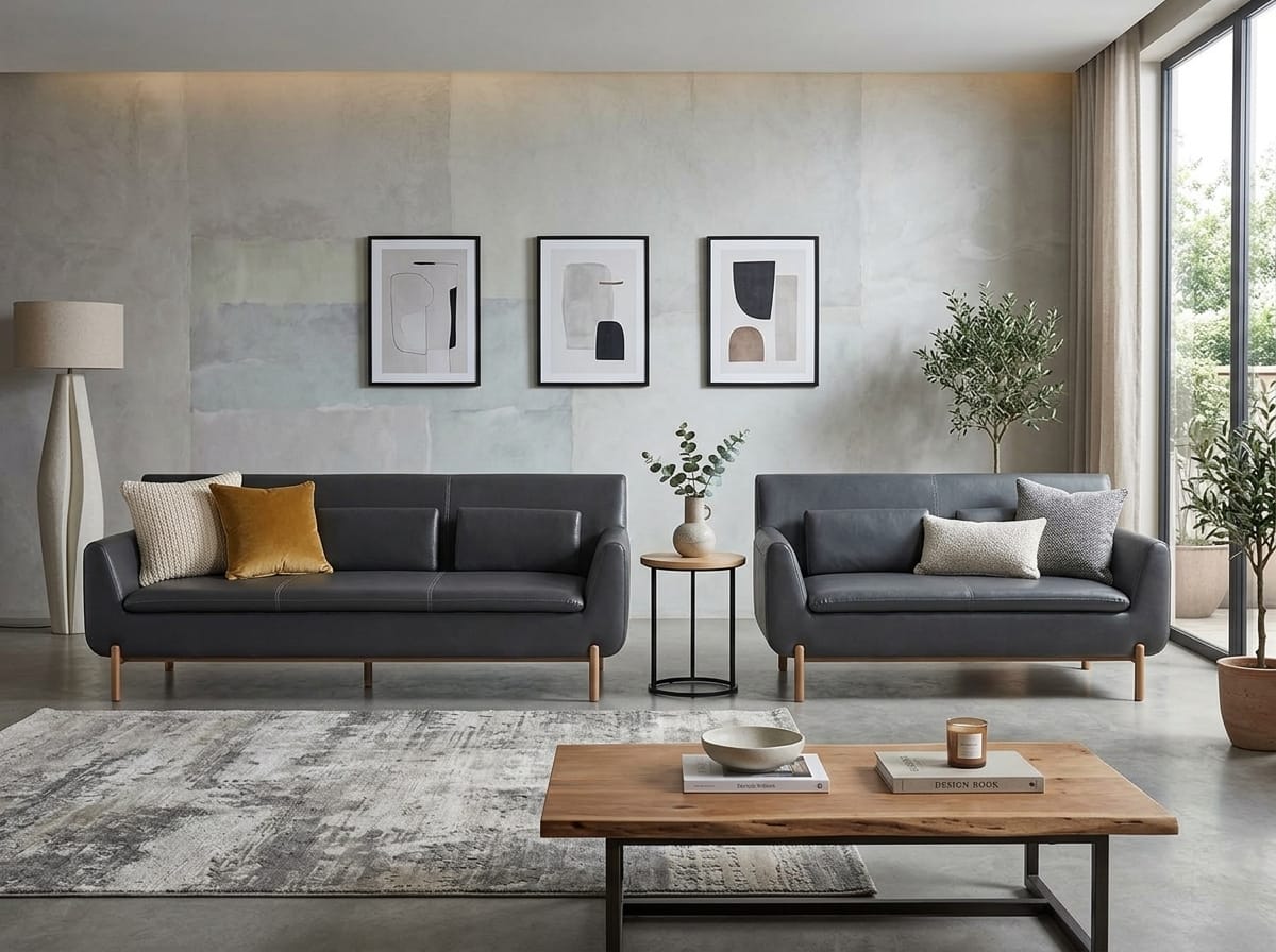 Modernes Wohnzimmer Set 2 Sofas Anthrazit Leder Polstermöbel