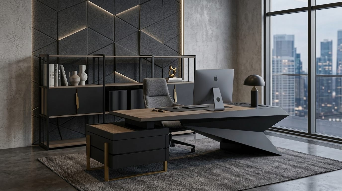 Modernes Büro Set Schwarz Schreibtisch Bücherregal Design Luxus