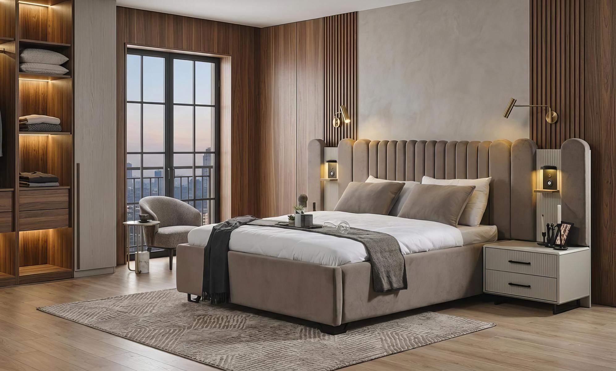 Schlafzimmer Set Bett Nachttische Modern Beige Edel Luxus Polsterbett