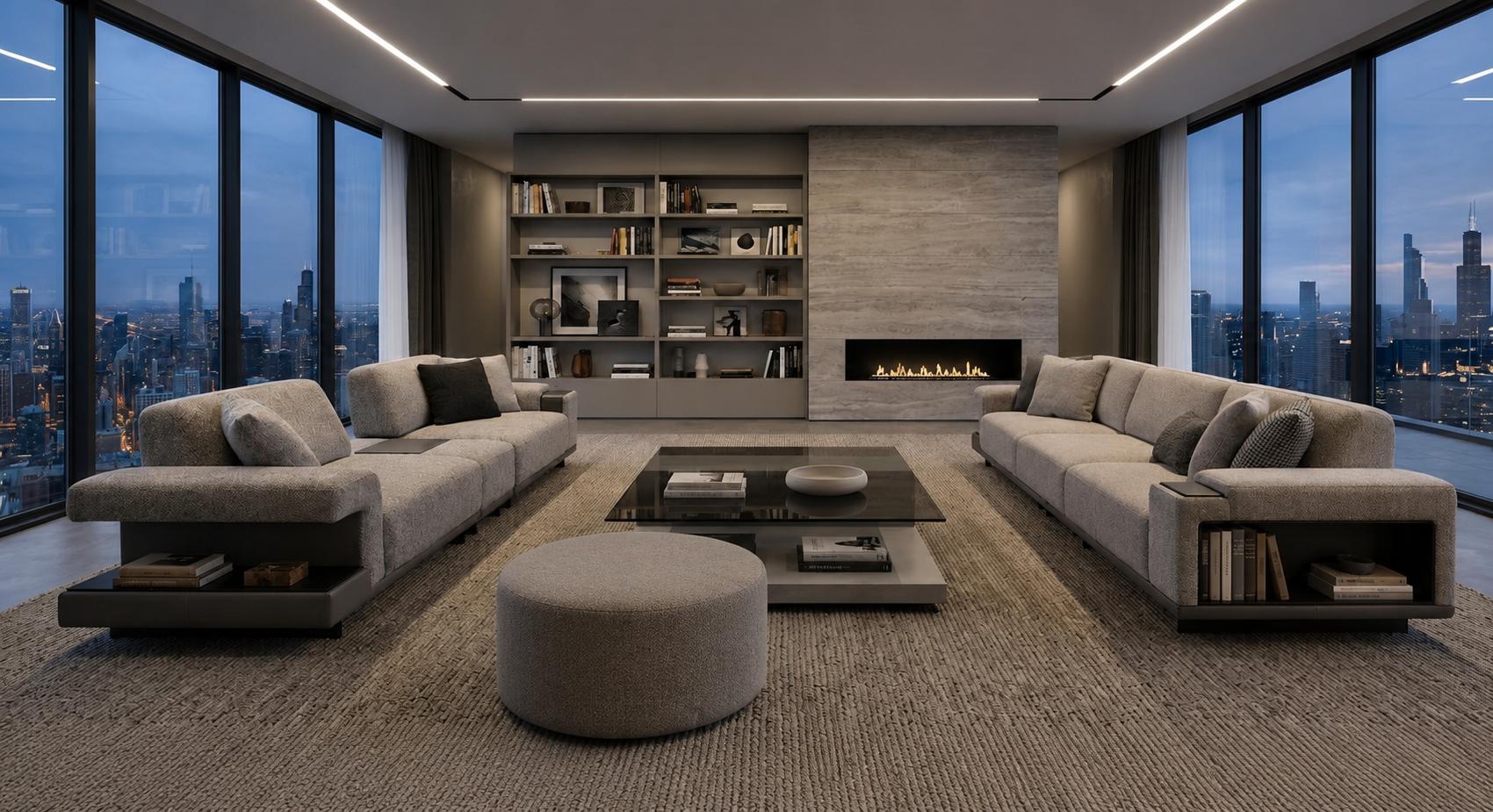 Stilvolles Wohnset Zwei 3-Sitzer Sitzhocker Komfort Design Premium