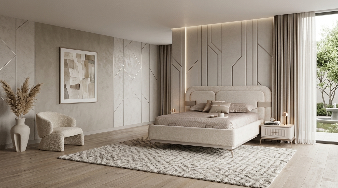 Bett 2x Nachttisch Beige Modern Luxus Doppelbett Nachttische Set