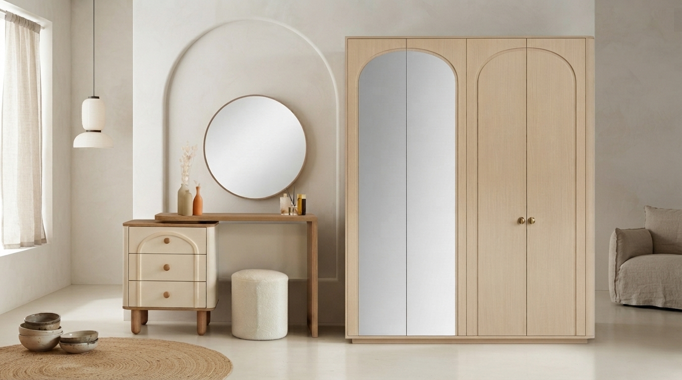 Kleiderschrank Schminktisch Set Beige Modern Luxus Spiegel Hocker