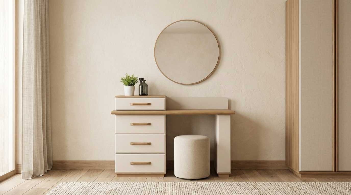 Schminktisch Set Beige Modern Luxus Spiegel Hocker Frisiertisch