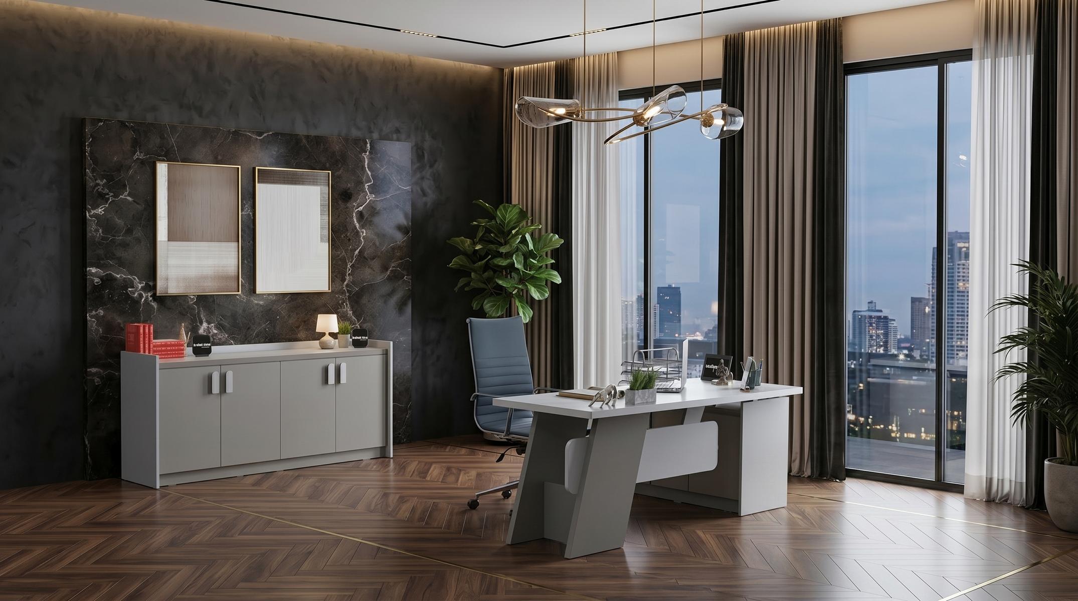 Graues Büro-Set Schreibtisch Schrank Designermöbel modernes Arbeitszimmer