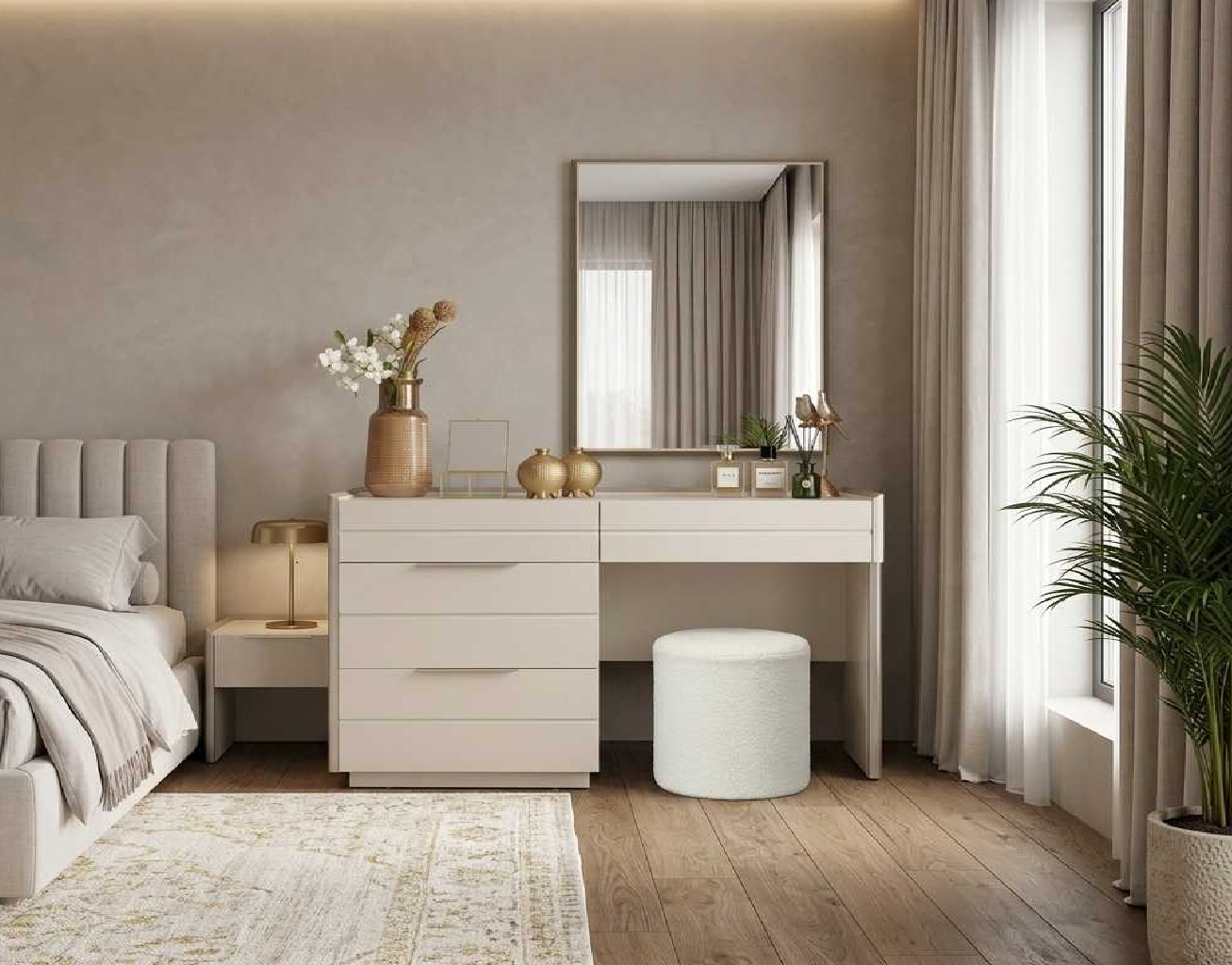 Schminktisch Set Beige Modern Luxus Frisiertisch Spiegel Hocker
