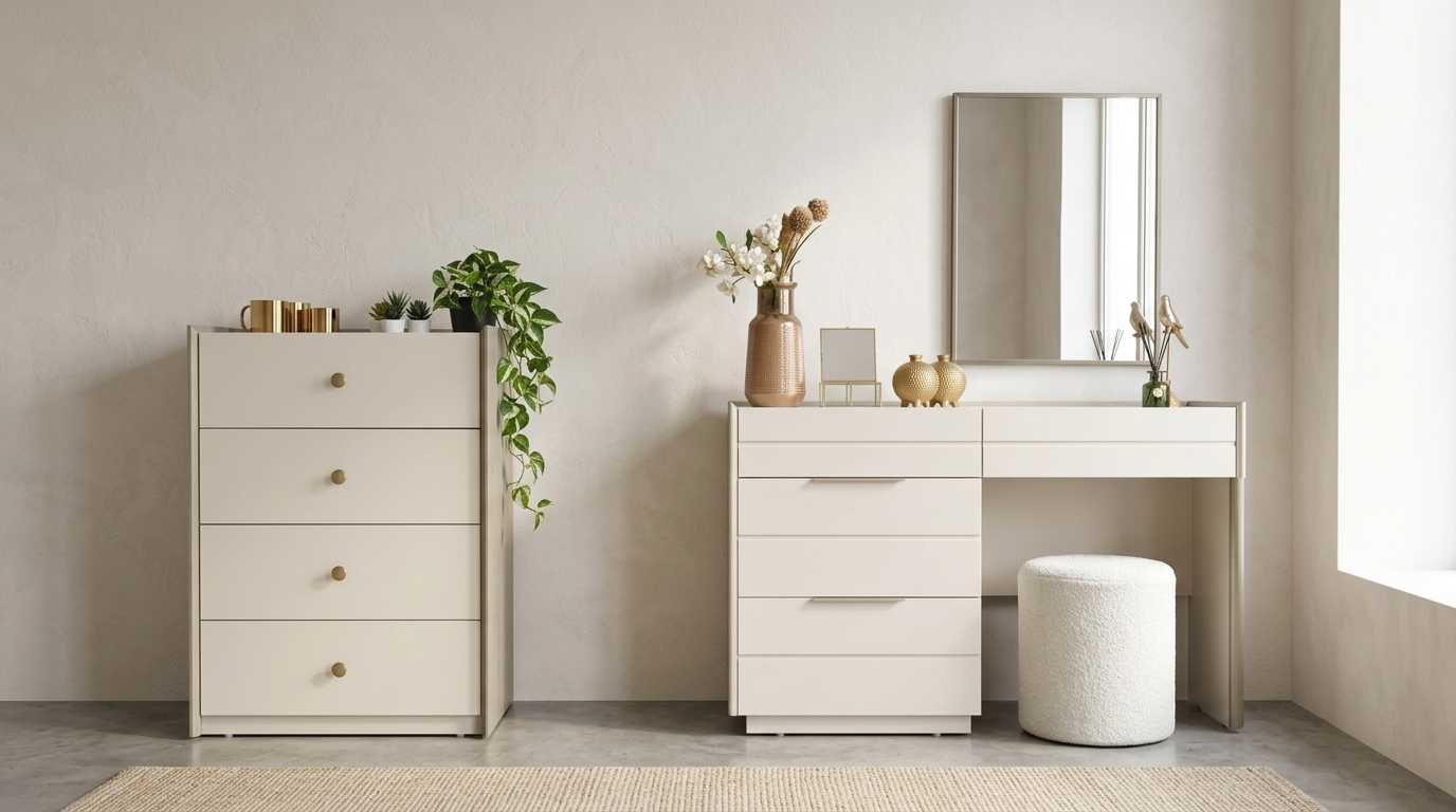 Schminktisch Set Beige Modern Luxus Kommode Spiegel Hocker