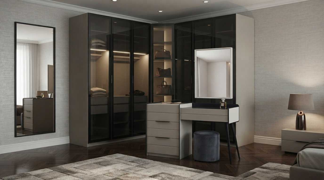 Eckschrank Glas Schminktisch Beige Schwarz Modern Edel Spiegel Set