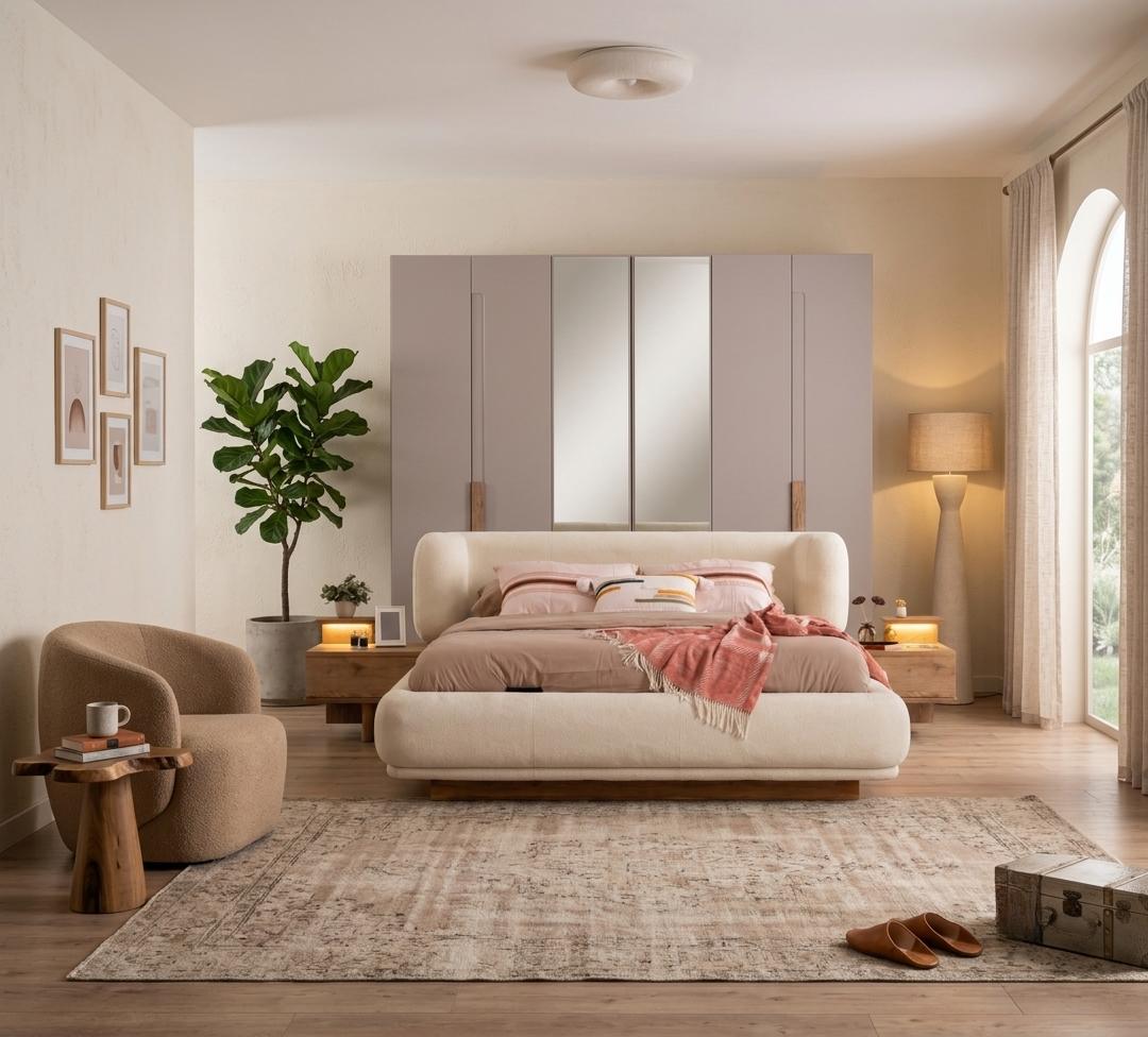 Schlafzimmer Set 2x Nachttische Bettgestell Kleiderschrank Modern