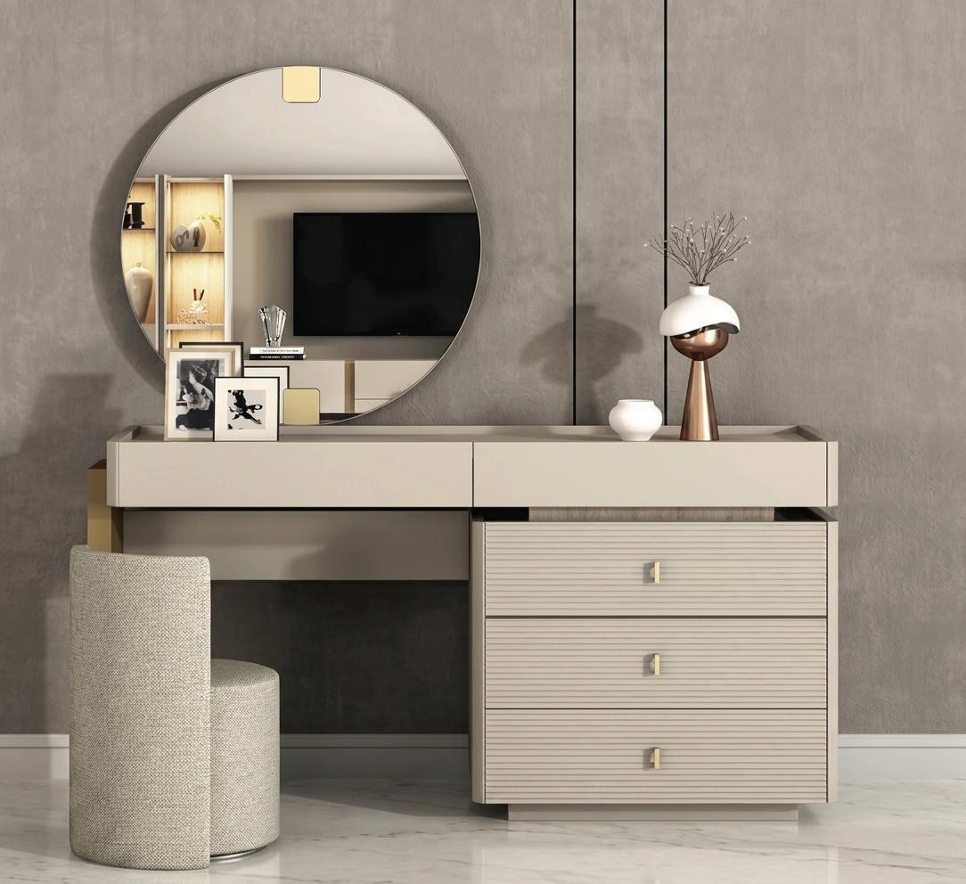 Modern Beiger Schminktisch Hocker Rundspiegel Holz Schlafzimmer Luxus