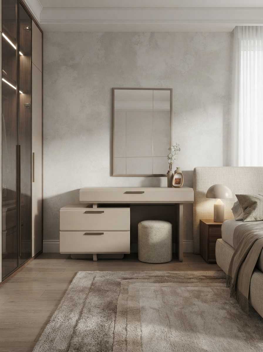 Schminktisch Frisiertisch Spiegel Hocker Beige Modern Elegant