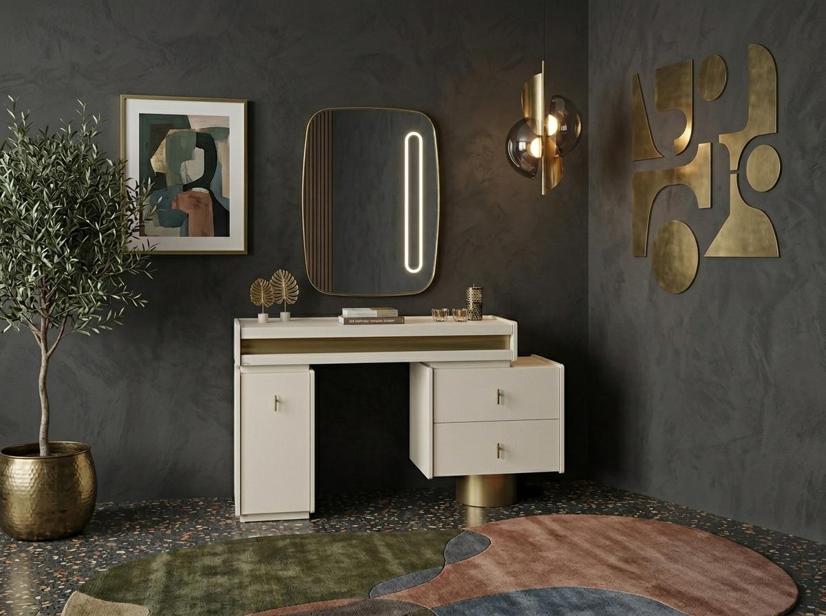 Moderner Schminktisch Weiß Holz Metall Spiegel Schlafzimmer