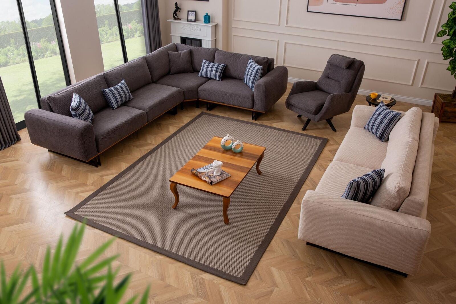 Designer living room set living area corner sofa L-shape 3 sofa armchairs 3-piece