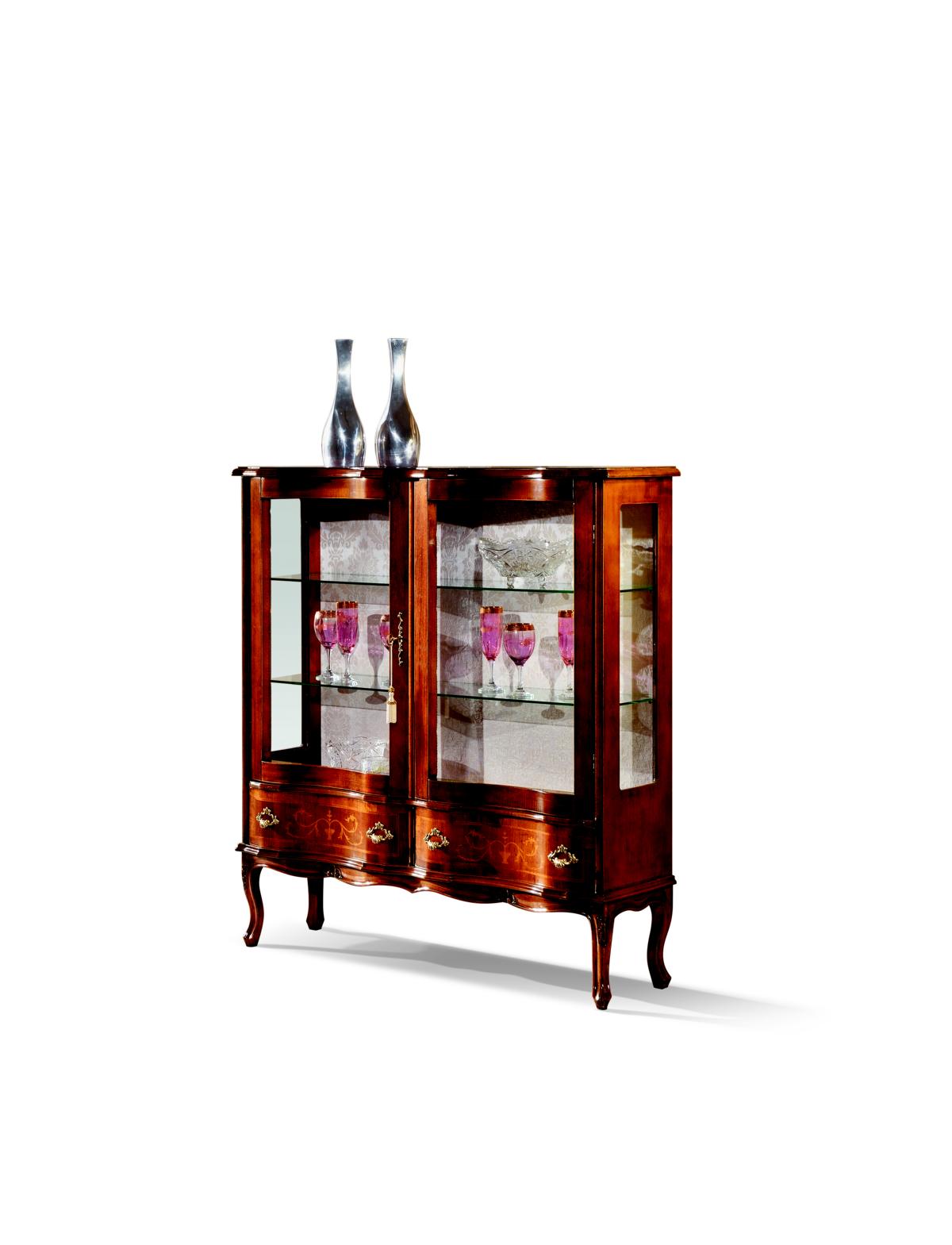 Designer Luxury Wooden Showcase Brown 2 Glass Doors 2 Drawer Italian Furniture
