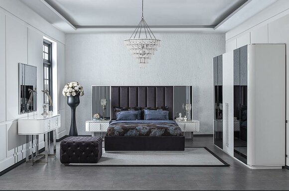 Bedroom 6-piece bed 2x bedside tables luxury wardrobe design dressing table
