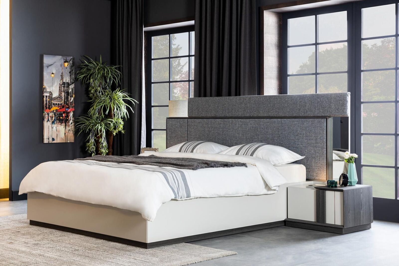 Gray Luxury Bedroom Bed Textile Furniture Bed Frame Modern Wood New
