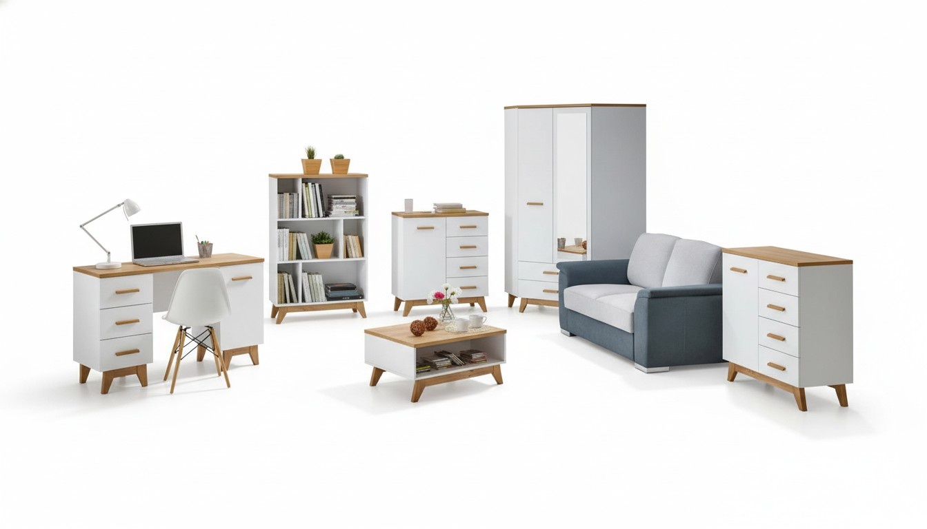 6-piece office set, furniture, desk, table, chest of drawers, cupboard, shelf, complete