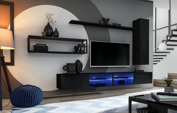 Wall unit black living room furniture wall cabinet wall shelves luxury set new