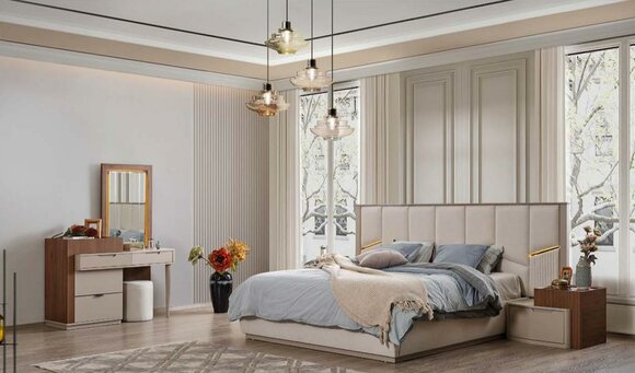 Beige bedroom set luxurious upholstered beds bedside tables cupboard