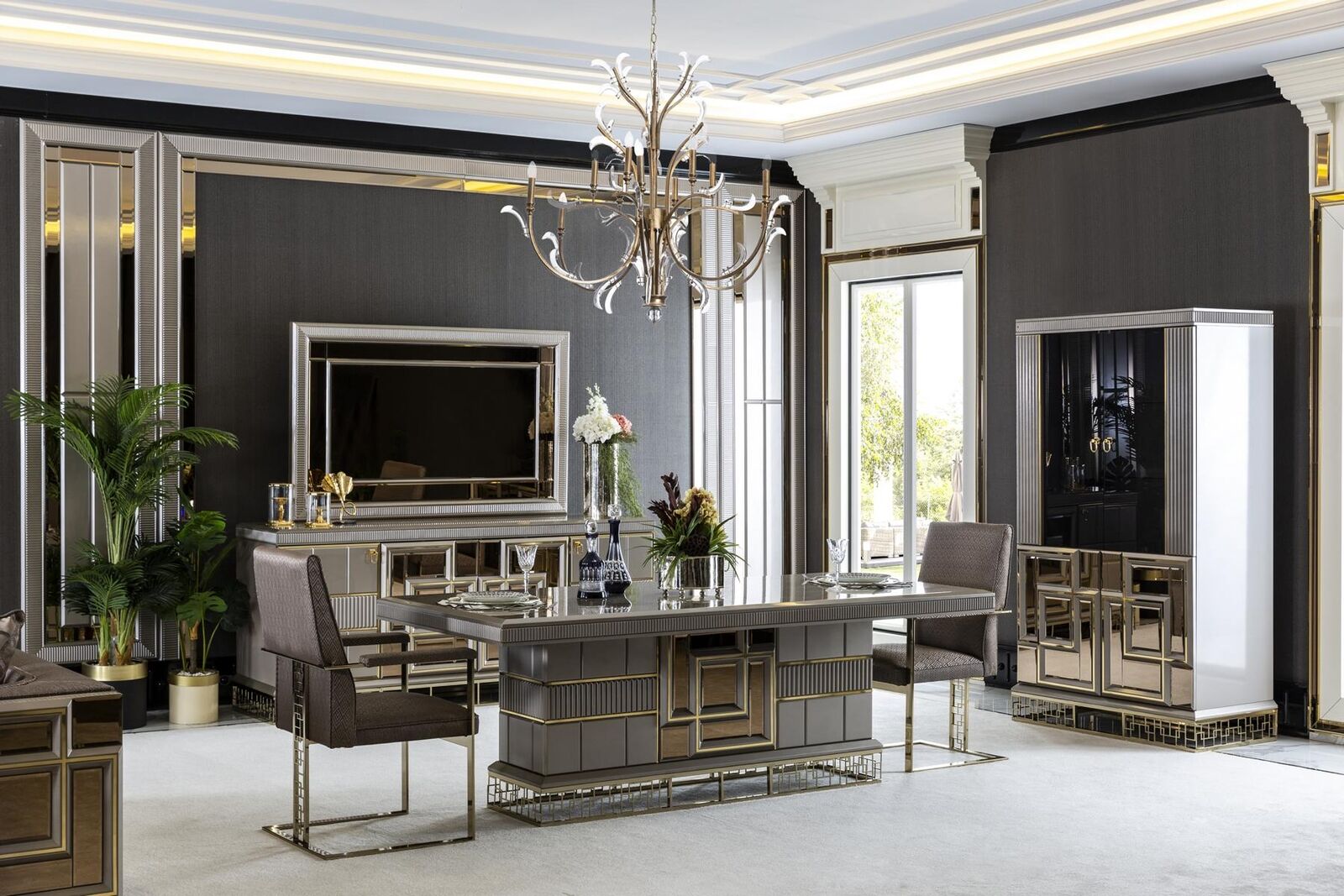 Elegant dining room set gray dining table 4x chairs sideboard mirror 8 pieces.