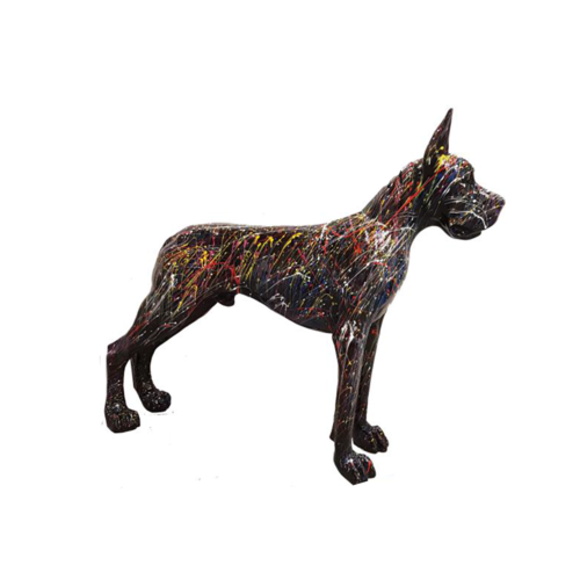 Abstract decorative sculpture designed as a black colored standing dog with colorful stripes 110x125cm