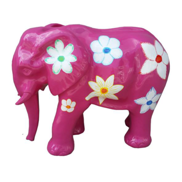 Abstract decorative sculpture designed as a gloss pnik colored standing elephant with colorful flowers 60x81cm