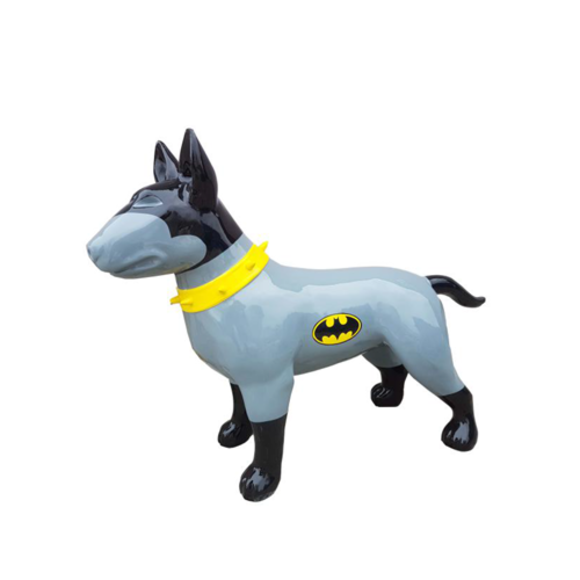 Decorative sculpture designed as a gloss bull terrier in classic batman suit colored 85x116cm