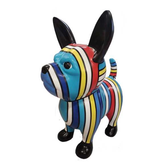 Decorative abstract sculpture designed as a standing puppy in colorful blue tone stripes 175x160cm