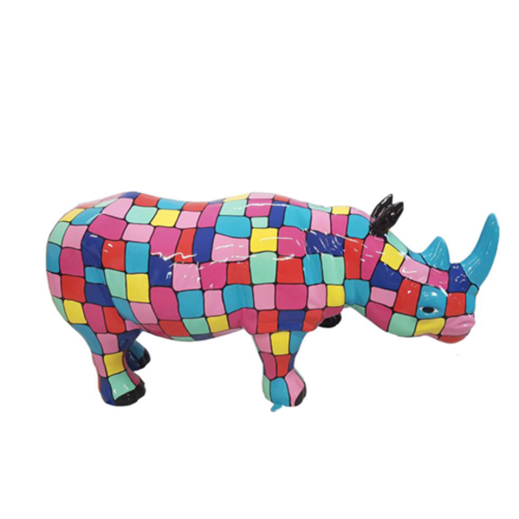 Abstract decorative sculpture designed as gloss rhino with colored mosaic patterns 175cm length
