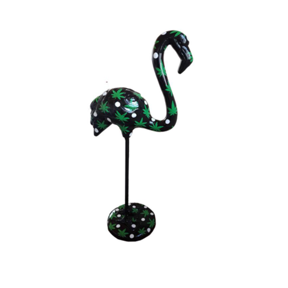 Abstract decorative sculpture designed as a gloss black colored flamingo with plants patterns 119cm