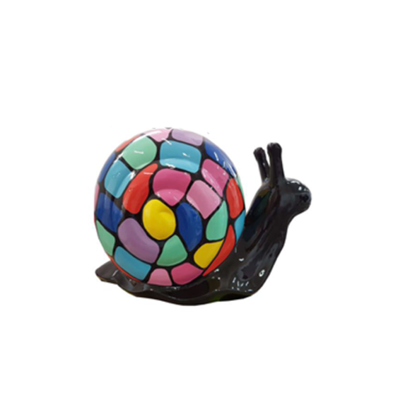 Abstract decorative sculpture designed as a black snail with a colorful mosaic shell