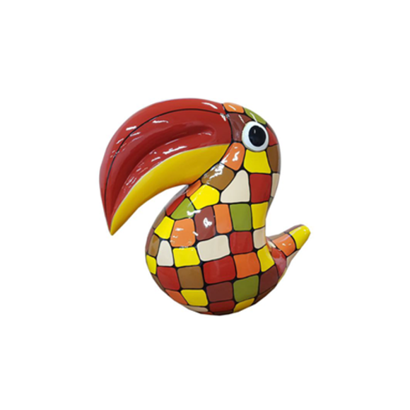 Decorative sculpture designed as a gloss toucan in colorful red tone mosaic patterns & red beak 65cm