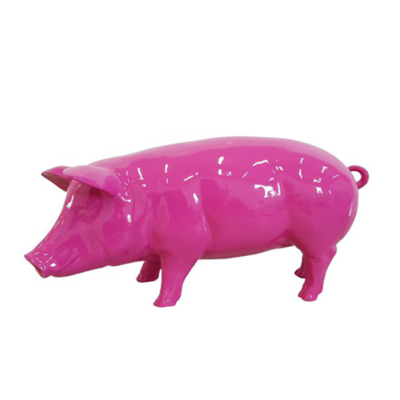 Decorative sculpture designed as a gloss full pink colored pig 40x80cm