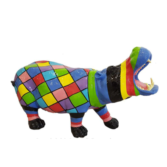 Decorative sculpture designed as a gloss shouting hippopotamus in colorful rhombuses patterns 60x120cm
