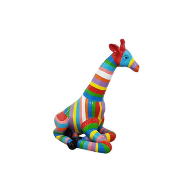 Decorative sculpture designed as a gloss sitting giraffe in colorful art stripes 80cm