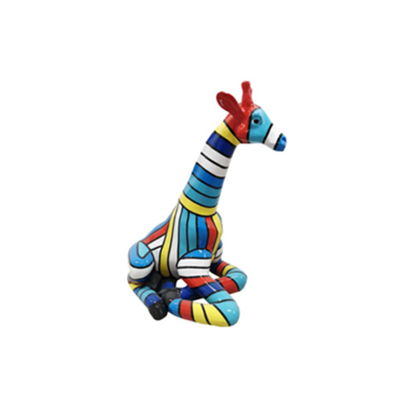 Decorative sculpture designed as a gloss sitting giraffe in light multi-colored stripes 80cm