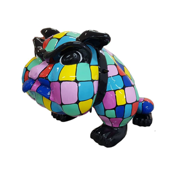Decorative sculpture designed as a gloss sitting cartoon dog in colorful square mosaic patterns 73x130cm