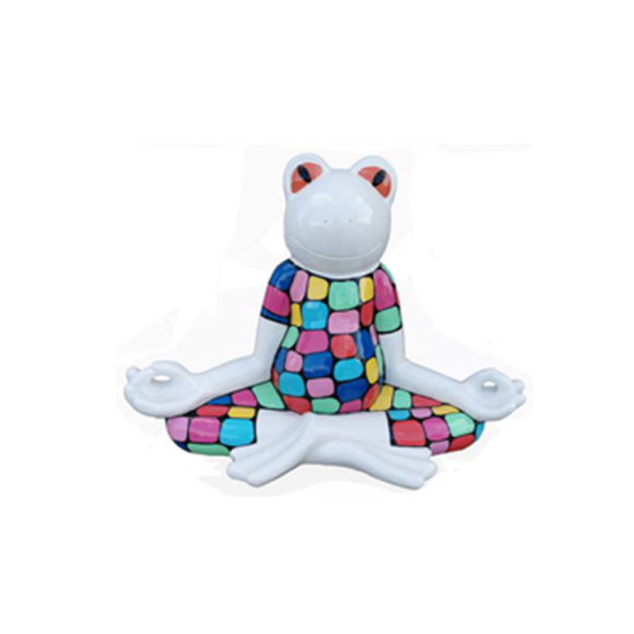 White decorative sculpture of a cartoon frog in yoga pose painted in colorful square pattern suit 55cm