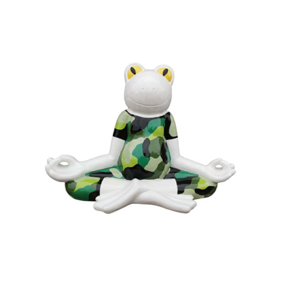White decorative sculpture of a cartoon frog in yoga pose painted in colorful camouflage suit 55cm