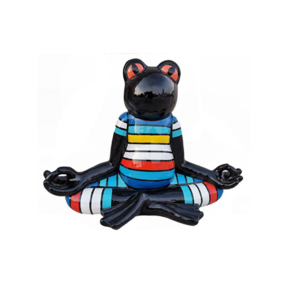 Black decorative sculpture of a cartoon frog in yoga pose painted in colorful stripes suit 55cm