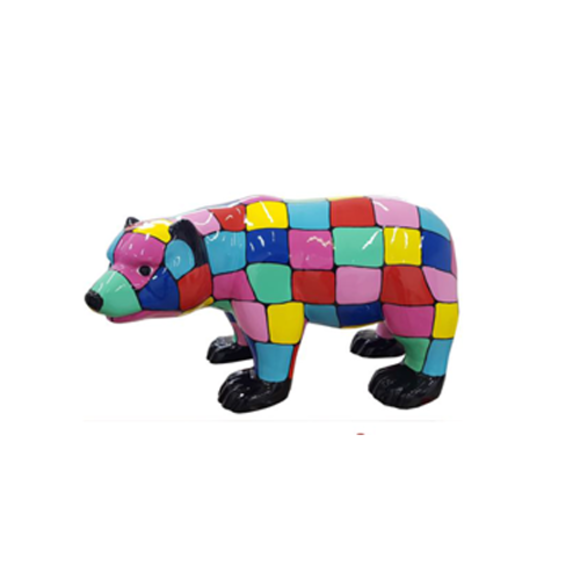 Gloss decorative sculpture designed as a standing bear cub painted in multi-colored square mosaic patterns 60x100cm