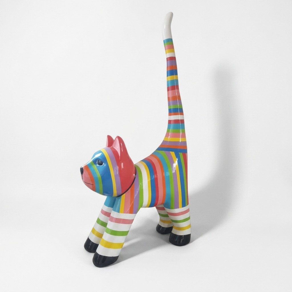 Abstract decorative sculpture designed as gloss colorful cat figure with stripes 190cm height