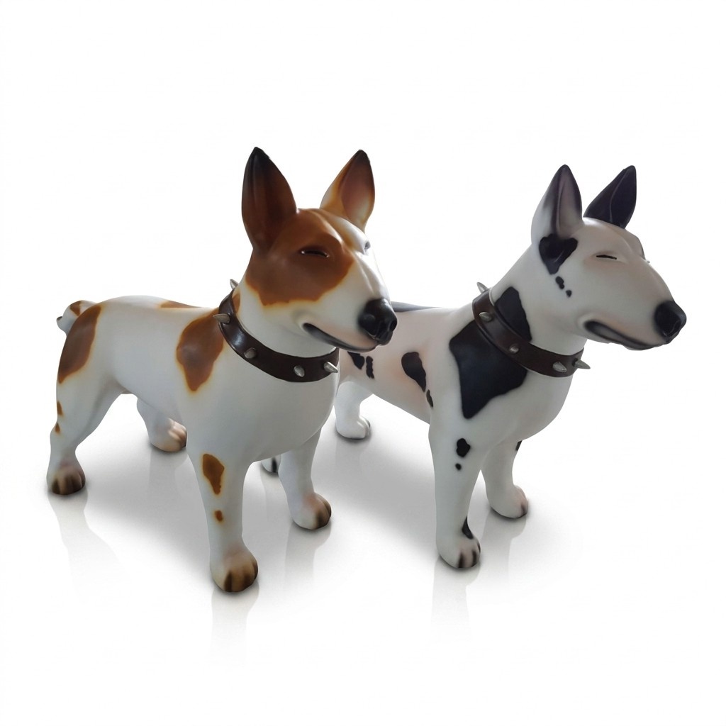 Motley white colored decorative garden sculpture designed as a matte bull terrier 85x116cm