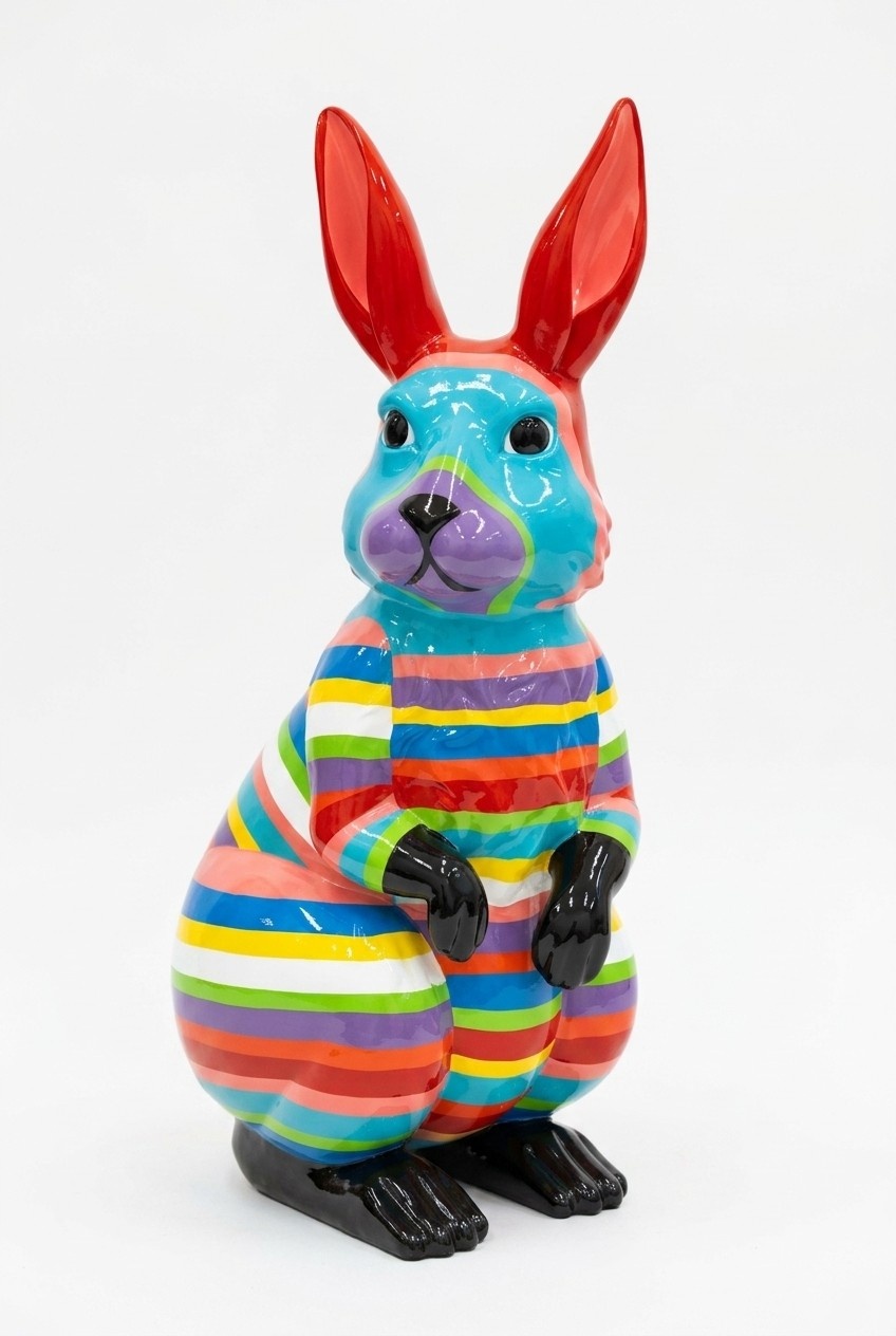 Abstract decorative sculpture designed as standing blue face rabbit in colorful stripes 110cm (A468C)