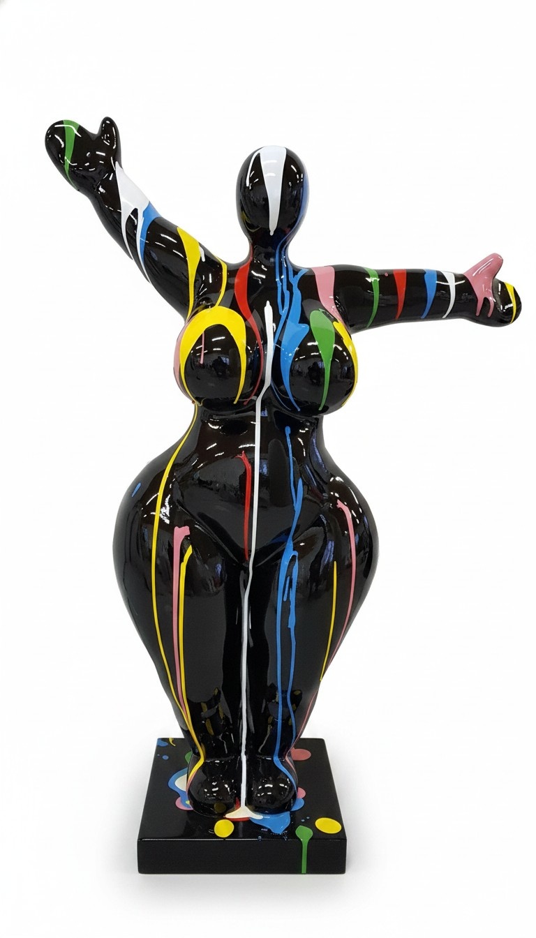 Decorative abstract gloss black colored sculpture with colorful stripes 120cm (P142B)