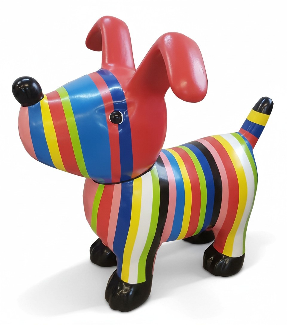 Abstract decorative sculpture designed as colorful cartoon puppy with stripes (A662A)