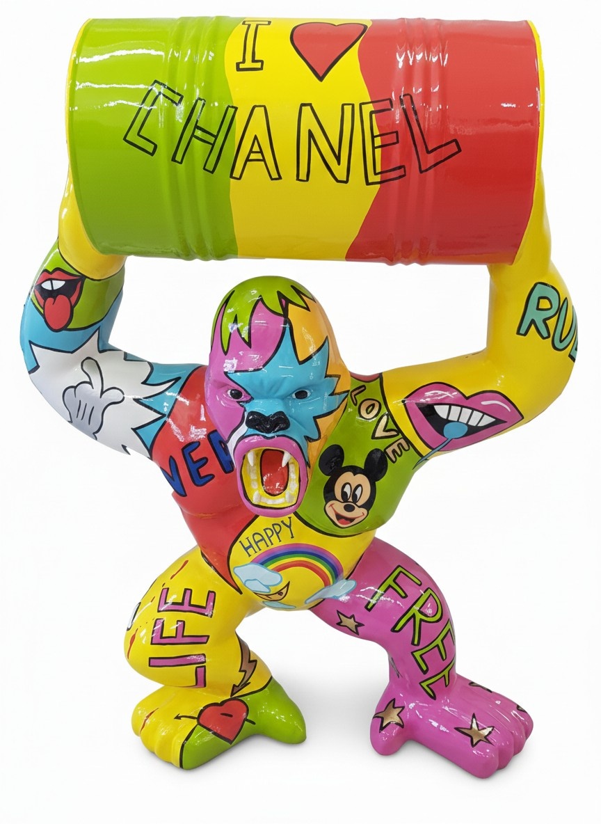 Abstract decorative modern style sculpture designed as colorful gorilla with a barrel (A785)