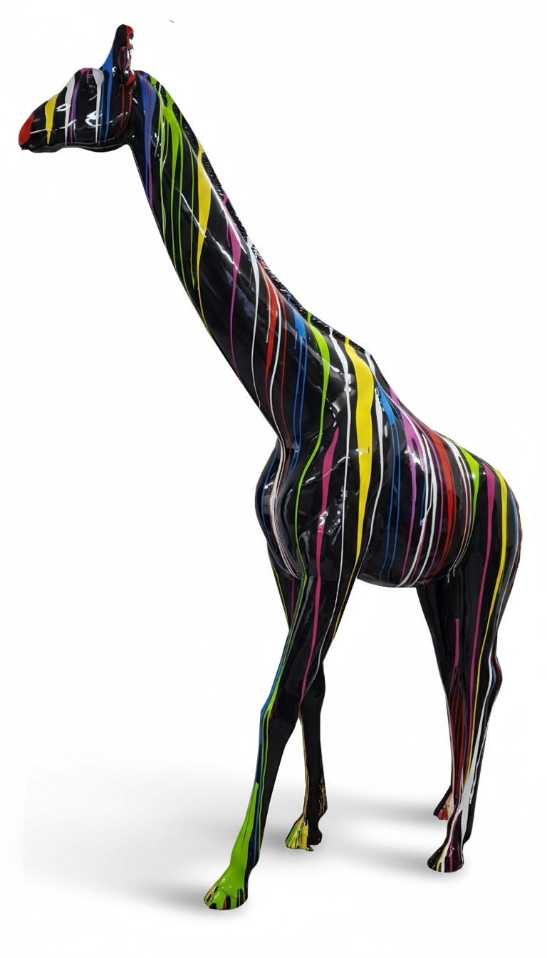 Full black painted gloss horse figure with colorful abstract stripes 320cm height