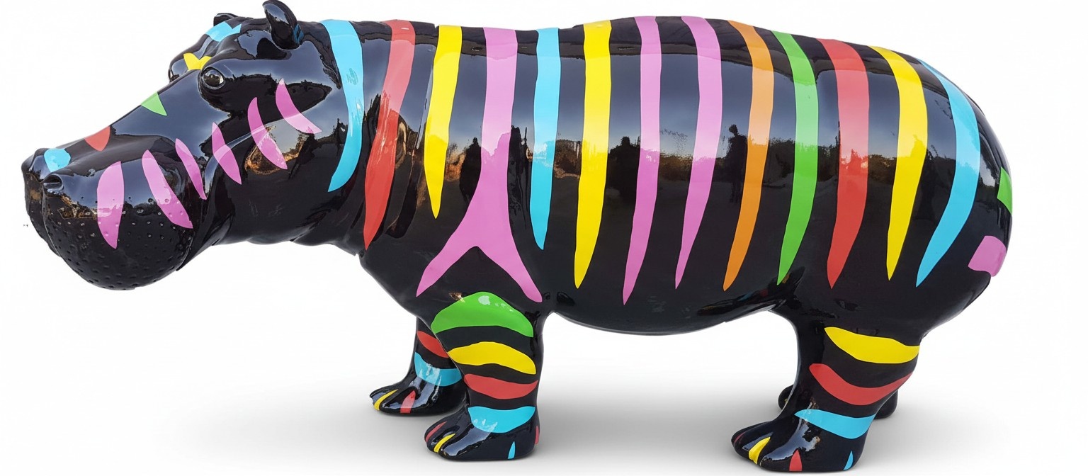 Full black painted gloss hippopotamus with colorful abstract stripes figurine 180cm length