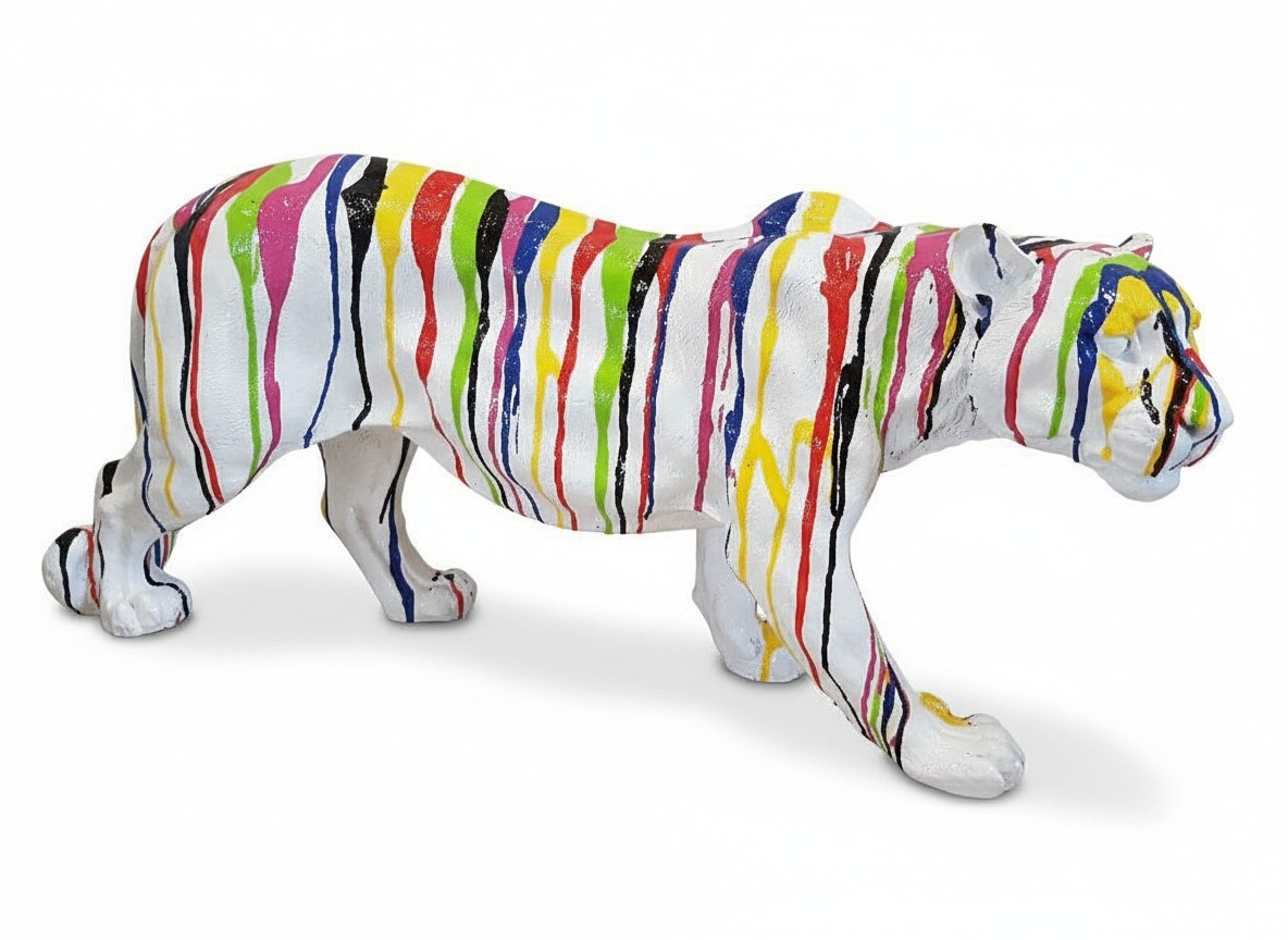 White colored decorative garden sculpture designed as tiger figure with colorful stripes 35cm height